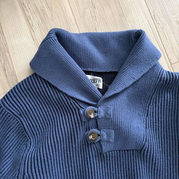 Duluth Trading Knit Pullover Sweater Blue Shawl Neck Buttons Wool Blend Size L - Picture 2 of 6